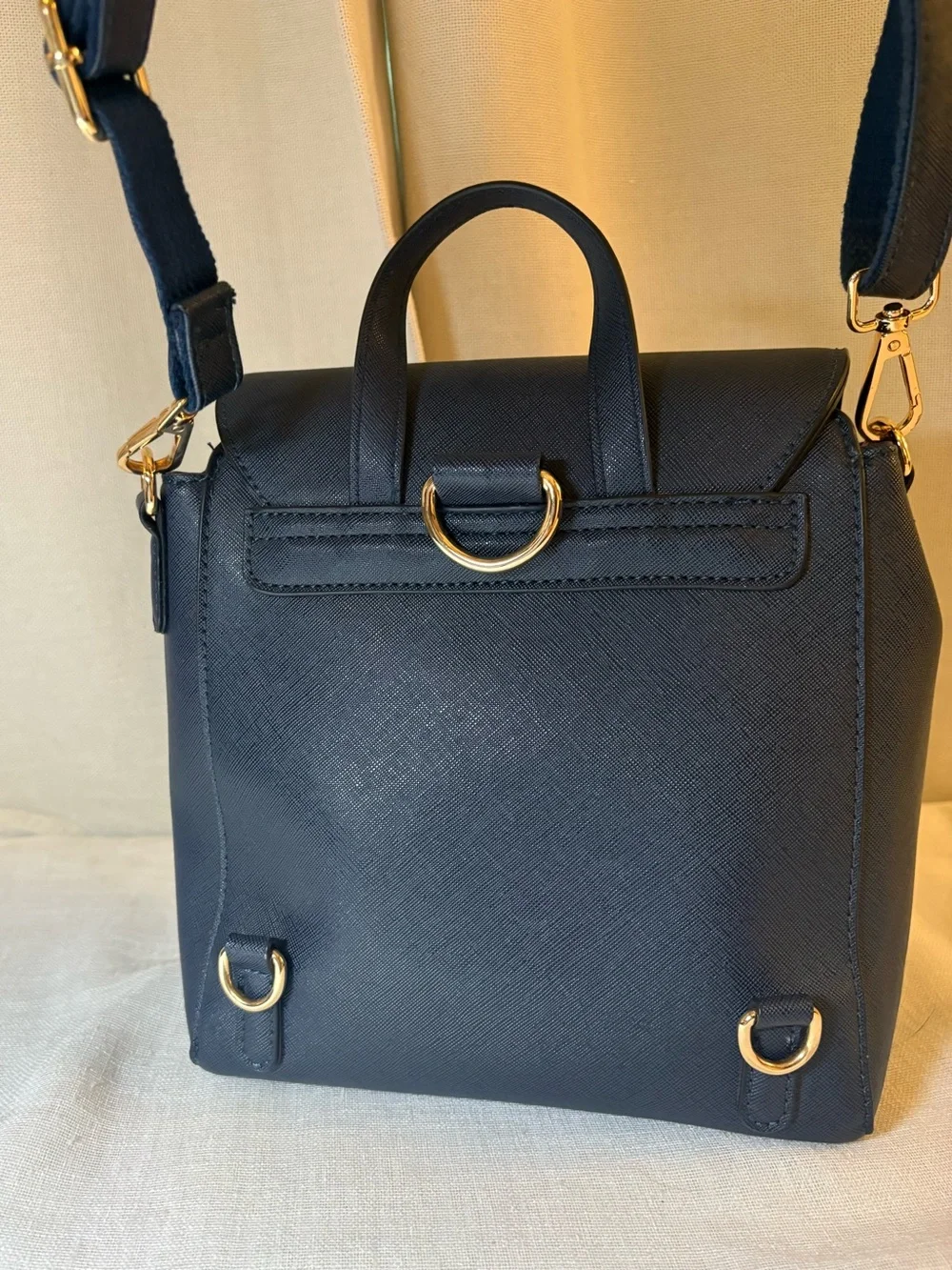 Navy Saffiano Style Convertible Backpack Crossbody Bag Gold Hardware Preppy